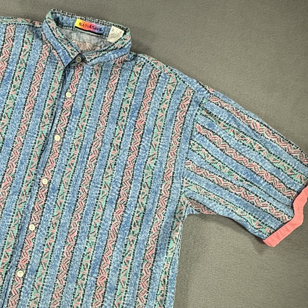 Vintage Saturdays Button Up Shirt Mens Medium 80s 90s Colorful Geometric Surf